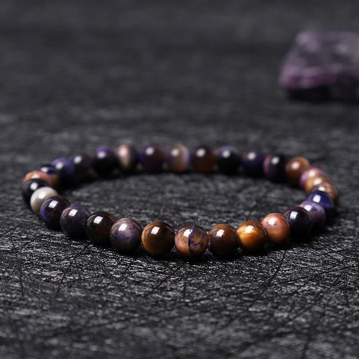 Pulsera de la calma con piedra de Buda, varios cristales, malaquita, lazurita, lapislázuli y hemimorfita. - Ojo de tigre púrpura (circunferencia de la muñeca: 14-16 cm) - image 119