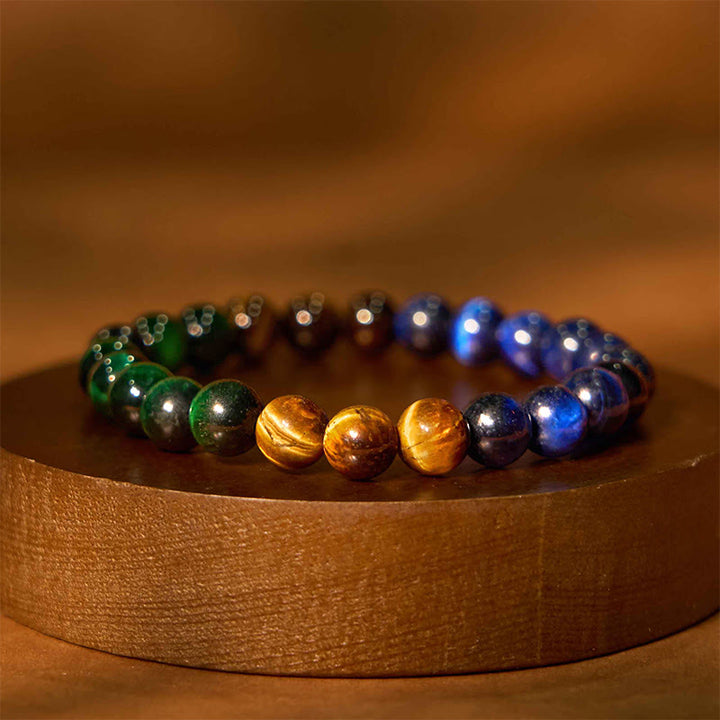 Pulsera de la calma con piedra de Buda, varios cristales, malaquita, lazurita, lapislázuli y hemimorfita. - Ojo de tigre amarillo, azul y verde (circunferencia de la muñeca: 14-16 cm) - image 135