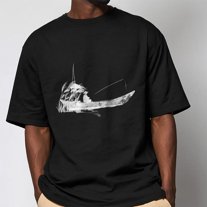 Camiseta de algodón con estampado de hierba y barco de pesca con Buddha Stones - image 13