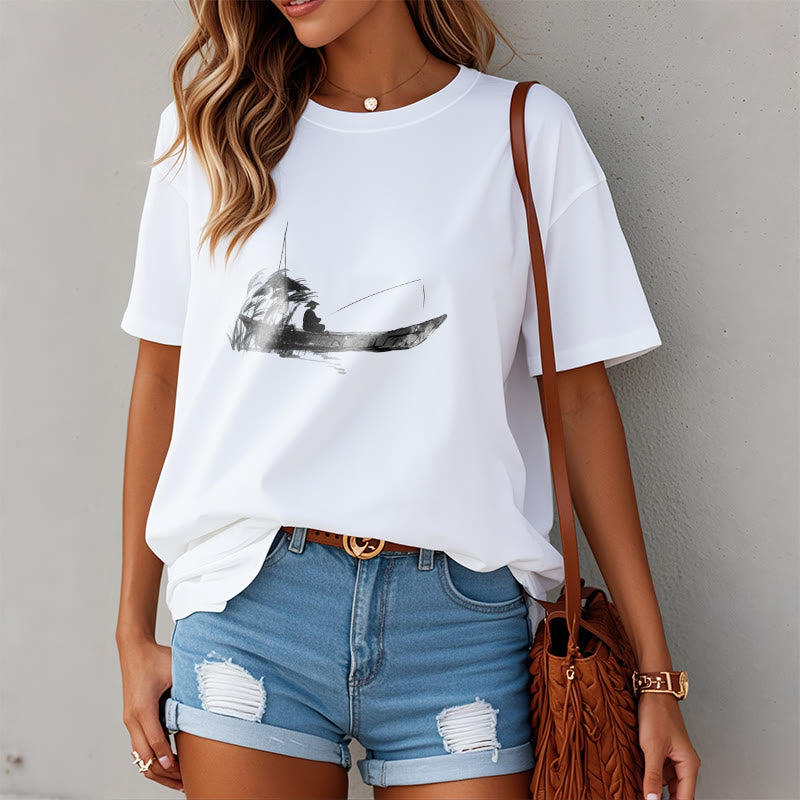 Camiseta de algodón con estampado de hierba y barco de pesca con Buddha Stones - image 6