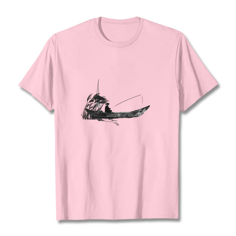 Camiseta de algodón con estampado de hierba y barco de pesca con Buddha Stones - rosa claro - 2XL - image 18