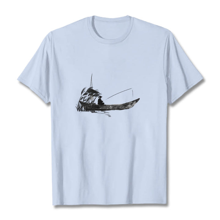 Camiseta de algodón con estampado de hierba y barco de pesca con Buddha Stones - Cian claro - 2XL - image 15