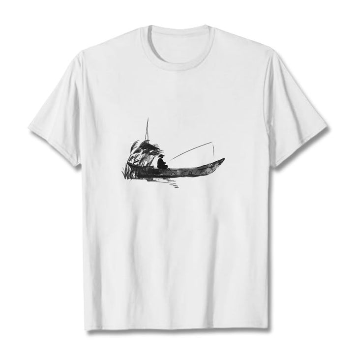 Camiseta de algodón con estampado de hierba y barco de pesca con Buddha Stones - Blanco - 2XL - image 4