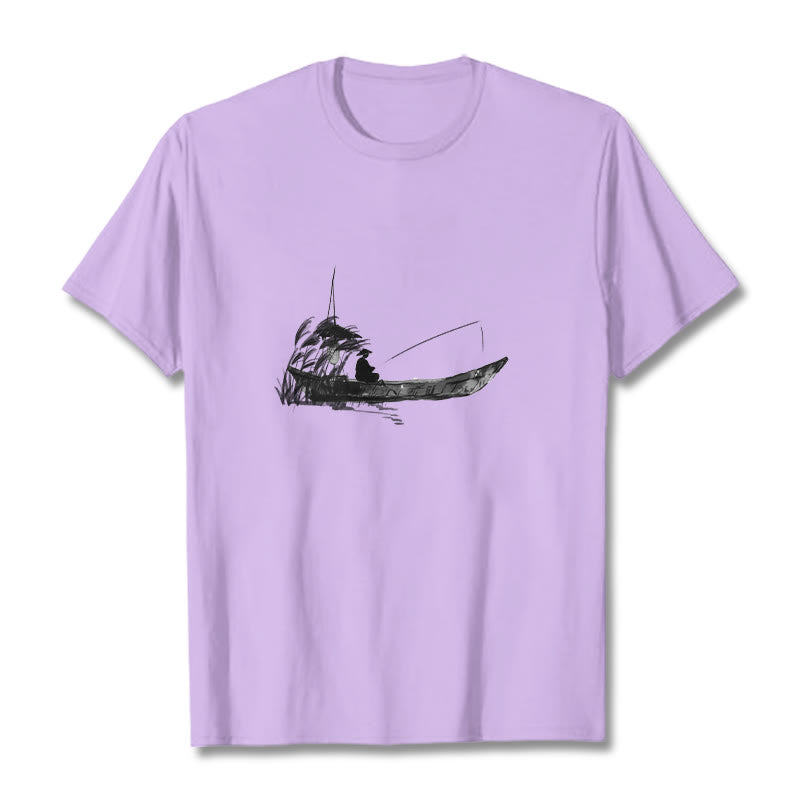 Camiseta de algodón con estampado de hierba y barco de pesca con Buddha Stones - Ciruela - 2XL - image 9