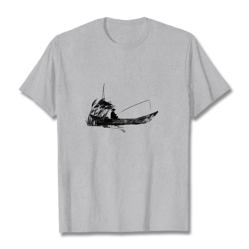 Camiseta de algodón con estampado de hierba y barco de pesca con Buddha Stones - Gris claro - 2XL - image 0