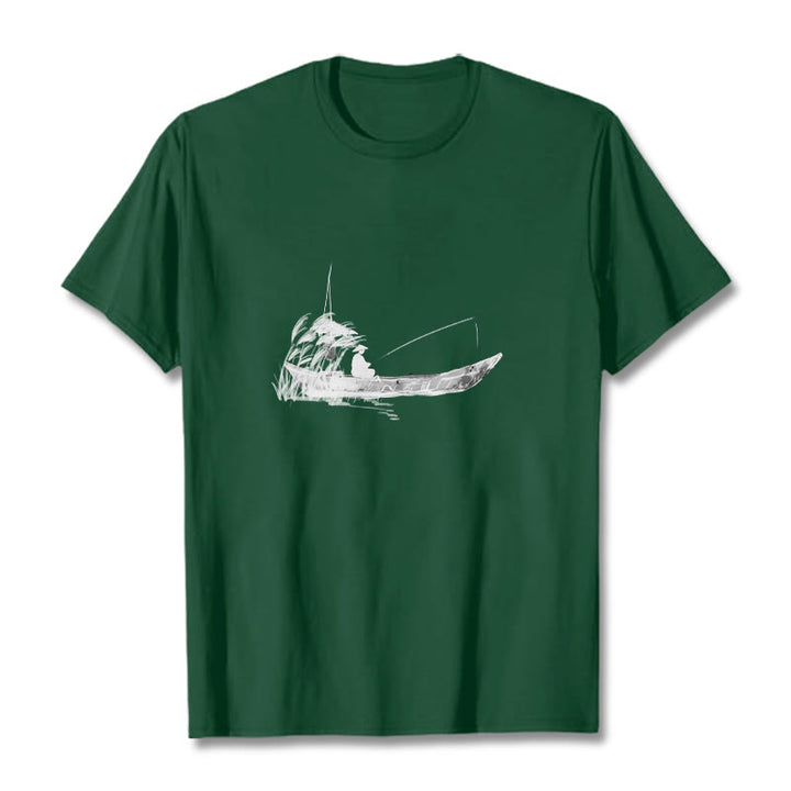 Camiseta de algodón con estampado de hierba y barco de pesca con Buddha Stones - Verde bosque - 2XL - image 3