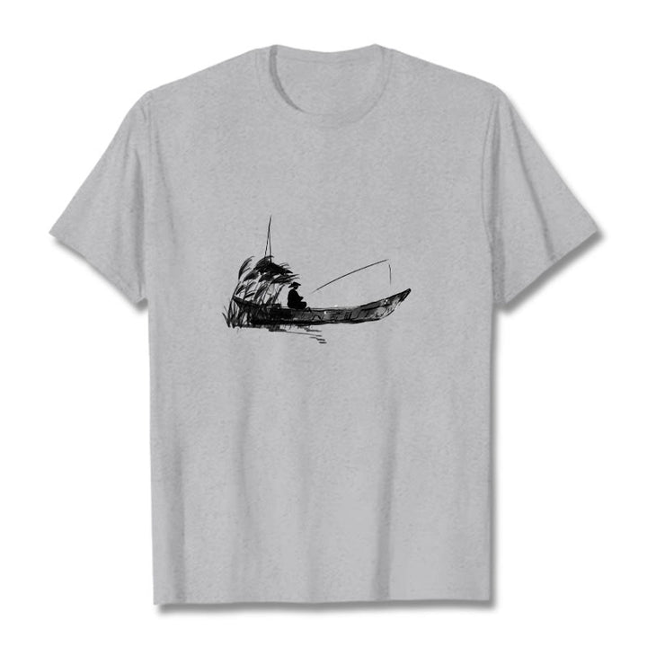 Camiseta de algodón con estampado de hierba y barco de pesca con Buddha Stones - Gris claro - 2XL - image 1