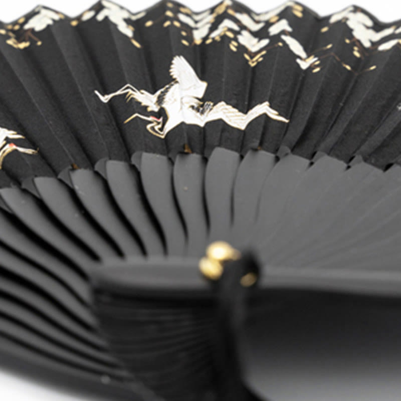 Abanico plegable de bambú de mano con grullas de flores de ciruelo y Buddha Stones