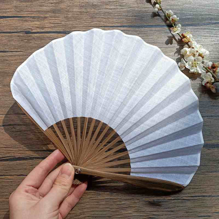 Abanico plegable de bambú de mano con forma de concha de color sólido retro con Buddha Stones - Blanco 22 cm - image 13
