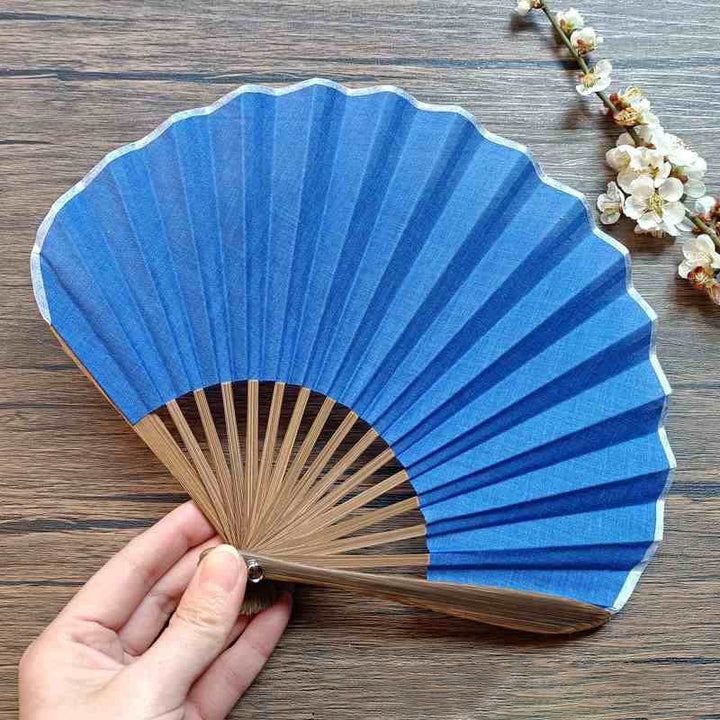 Abanico plegable de bambú de mano con forma de concha de color sólido retro con Buddha Stones - Azul 22 cm - image 16