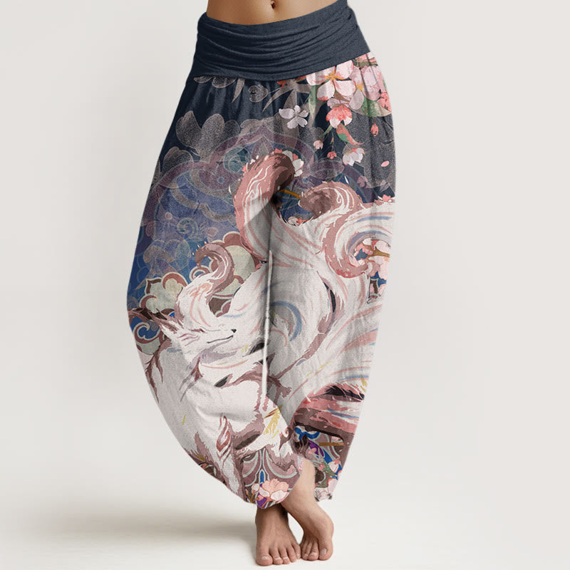 Pantalones harén con cintura elástica para mujer con diseño de flores de cerezo y zorros y Buddha Stones - Azul medianoche - US22，UK/AU26，EU54 (6XL) - image 0