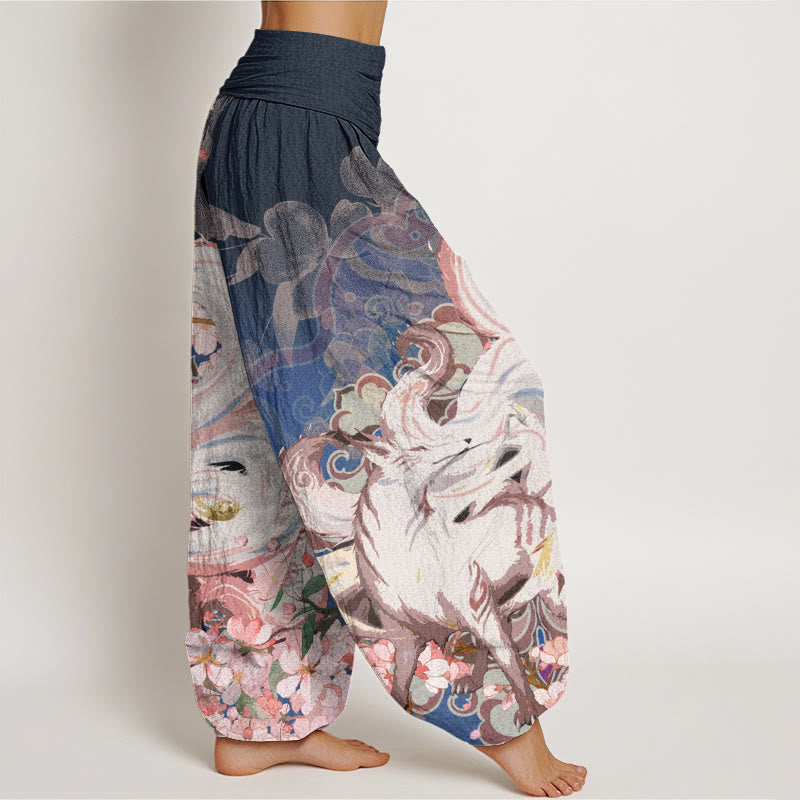 Pantalones harén con cintura elástica para mujer con diseño de flores de cerezo y zorros y Buddha Stones - image 2