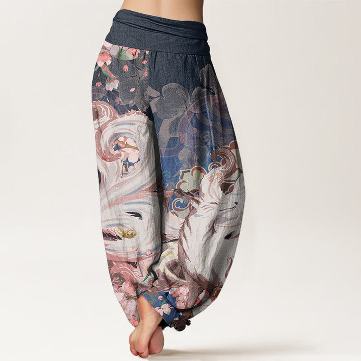 Pantalones bombachos de cintura elástica para mujer con estampado de flores de cerezo y piedras de Buddha Stones, de algodón y zorro. - image 2