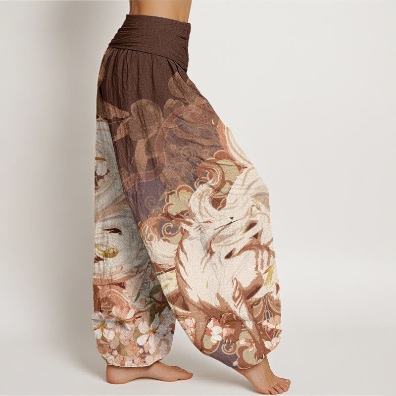 Pantalones harén con cintura elástica para mujer con diseño de flores de cerezo y zorros y Buddha Stones - image 6