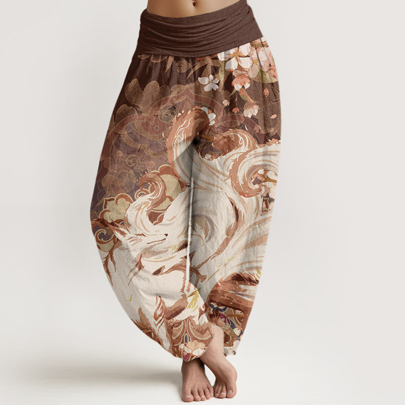 Pantalones harén con cintura elástica para mujer con diseño de flores de cerezo y zorros y Buddha Stones - SaddleBrown - US22，UK/AU26，EU54 (6XL) - image 4