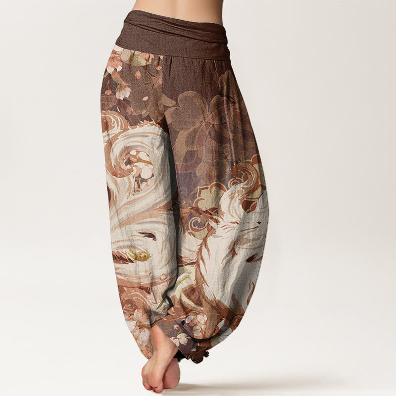 Pantalones harén con cintura elástica para mujer con diseño de flores de cerezo y zorros y Buddha Stones - image 6