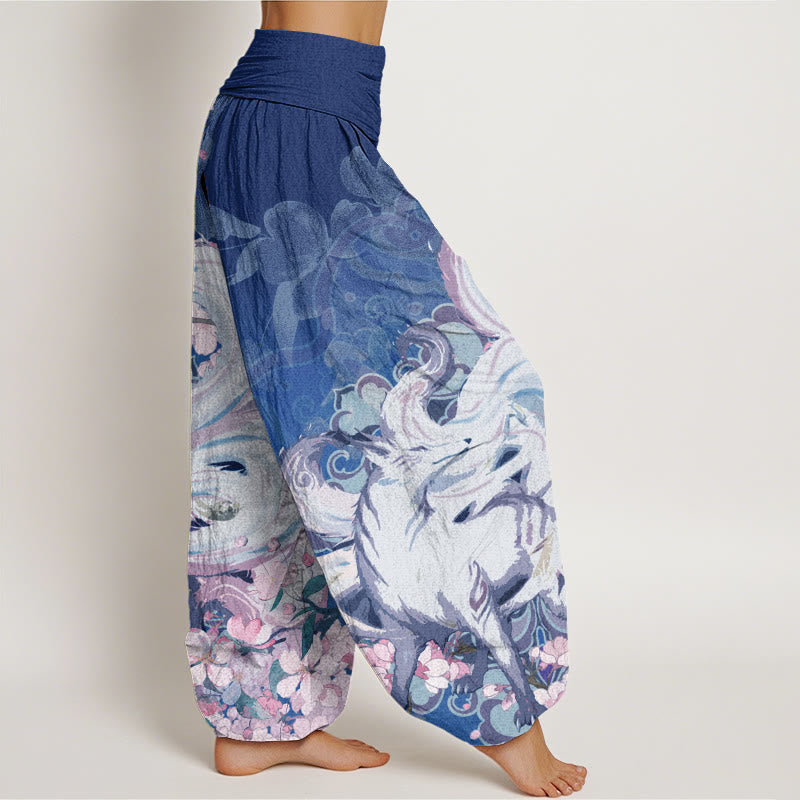 Pantalones harén con cintura elástica para mujer con diseño de flores de cerezo y zorros y Buddha Stones - image 8