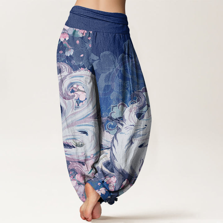 Pantalones harén con cintura elástica para mujer con diseño de flores de cerezo y zorros y Buddha Stones - image 9