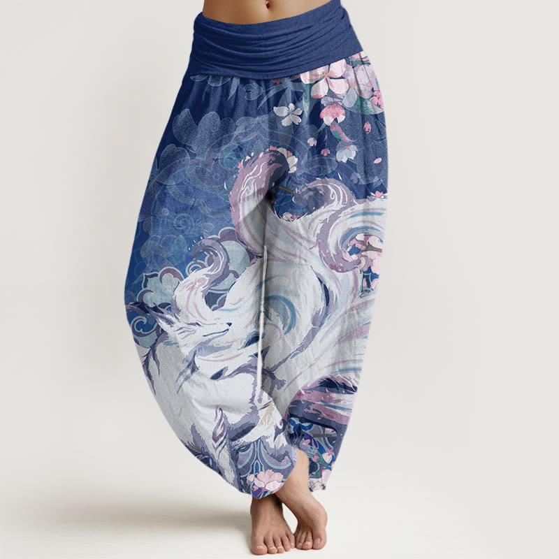 Pantalones harén con cintura elástica para mujer con diseño de flores de cerezo y zorros y Buddha Stones - Marina de guerra - US22，UK/AU26，EU54 (6XL) - image 8