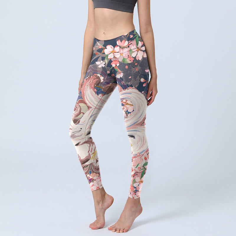 Leggings deportivos para mujer con estampado de flores de cerezo y zorros y Buddha Stones - Azul medianoche - US18，UK/AU22，EU50 (4XL) - image 1