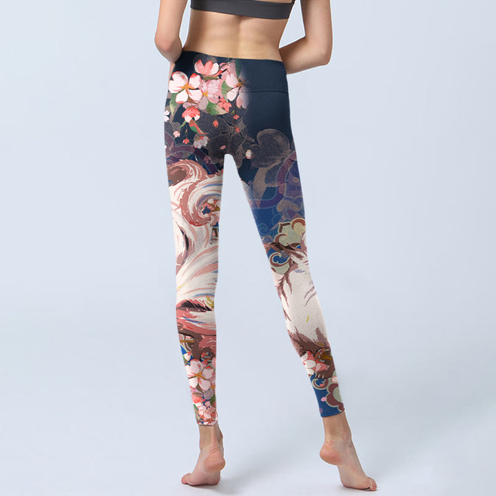 Leggings deportivos para mujer con estampado de flores de cerezo y zorros y Buddha Stones - image 6