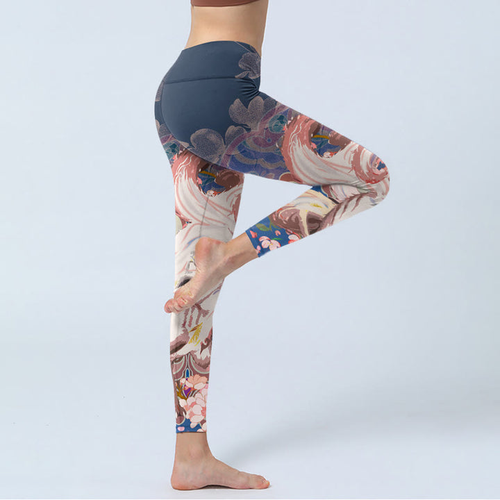 Leggings deportivos para mujer con estampado de flores de cerezo y zorros y Buddha Stones - image 3