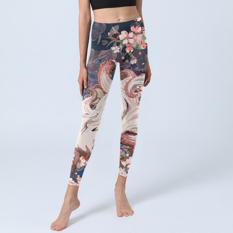 Leggings deportivos para mujer con estampado de flores de cerezo y zorros y Buddha Stones - image 6