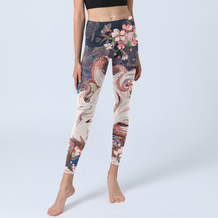 Leggings deportivos para mujer con estampado de flores de cerezo y zorros y Buddha Stones - image 6
