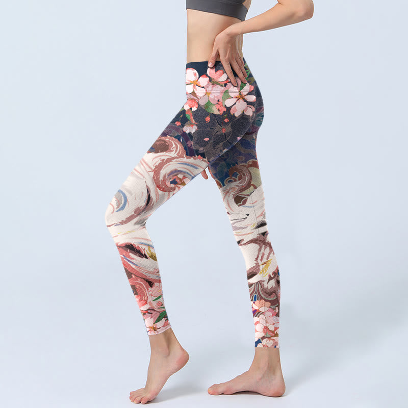 Leggings deportivos para mujer con estampado de flores de cerezo y zorros y Buddha Stones - image 3