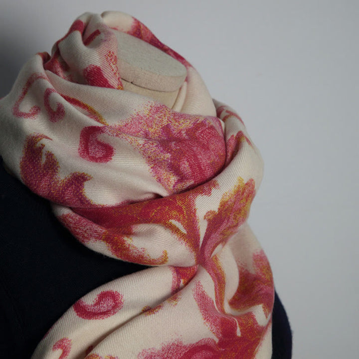 Chal con estampado de flores rojas tibetanas y Buddha Stones para otoño e invierno, suave y cálido