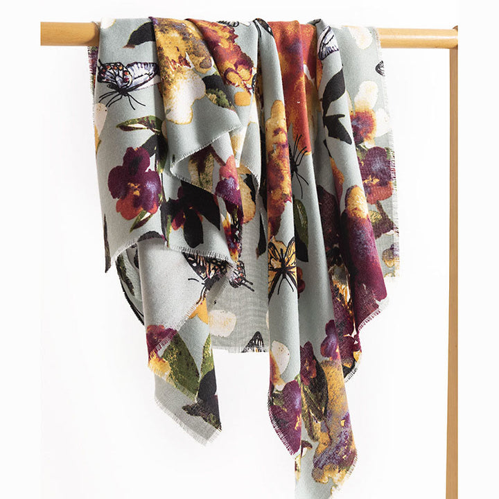 Chal con estampado de flores y mariposas coloridas tibetanas con Buddha Stones, bufanda suave y cálida para otoño e invierno