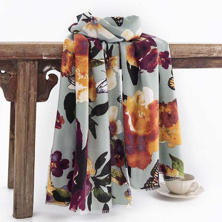 Chal con estampado de flores y mariposas coloridas tibetanas con Buddha Stones, bufanda suave y cálida para otoño e invierno