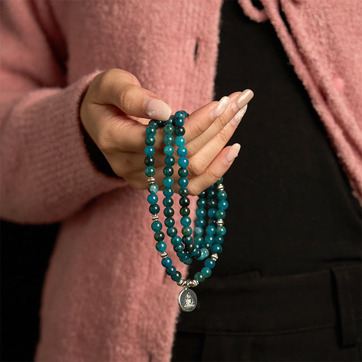 Buddha Stones con 108 cuentas de mala y cuentas de apatita Om The Tree Of Life con diseño de loto