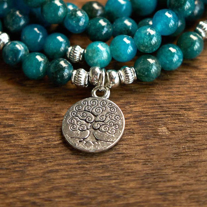 Buddha Stones con 108 cuentas de mala y cuentas de apatita Om The Tree Of Life con diseño de loto