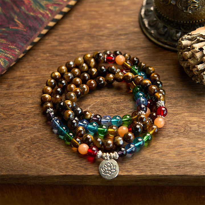 Pulsera de protección de loto con 108 cuentas de piedra natural de Buddha Stones y piedras de color ojo de tigre