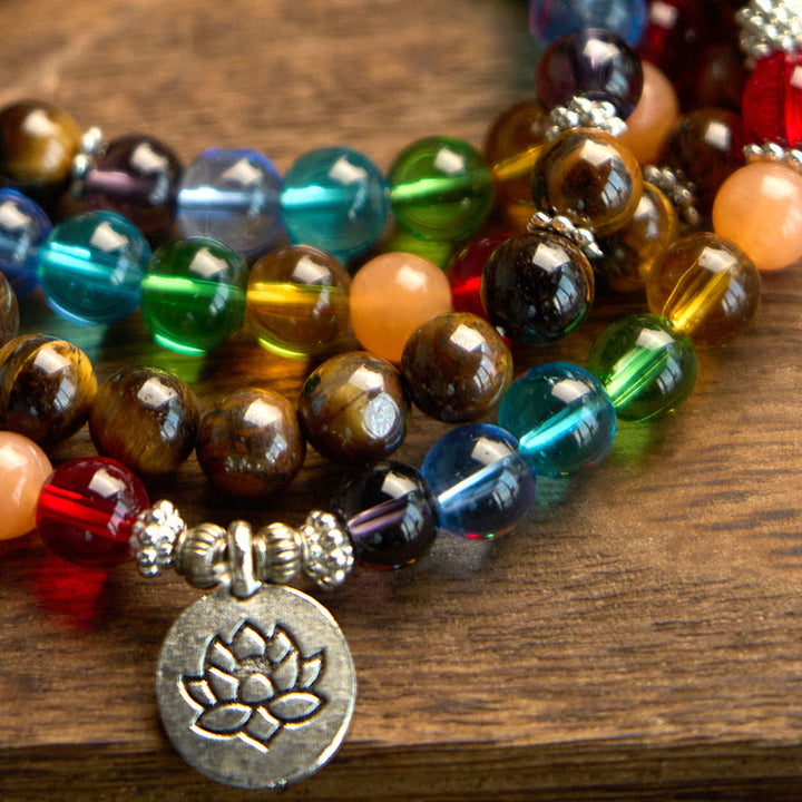 Pulsera de protección de loto con 108 cuentas de piedra natural de Buddha Stones y piedras de color ojo de tigre