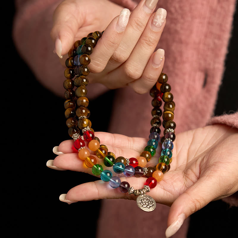 Pulsera de protección de loto con 108 cuentas de piedra natural de Buddha Stones y piedras de color ojo de tigre