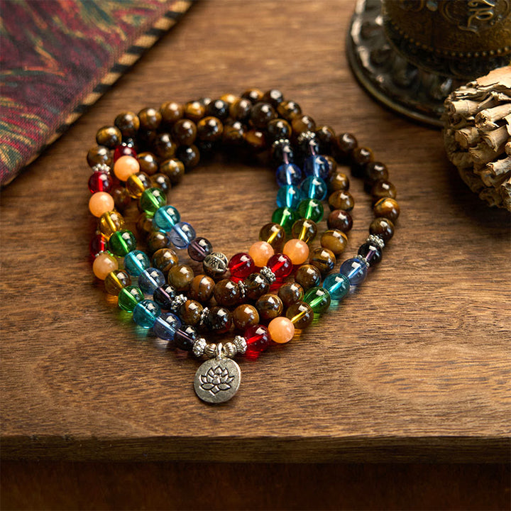 Pulsera de protección de loto con 108 cuentas de piedra natural de Buddha Stones y piedras de color ojo de tigre