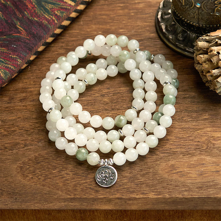 Pulsera de la suerte con 108 cuentas de mala de jade natural Tianshan y loto de Buddha Stones
