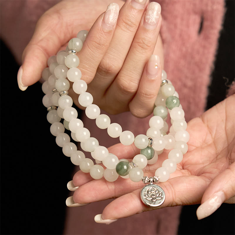 Pulsera de la suerte con 108 cuentas de mala de jade natural Tianshan y loto de Buddha Stones