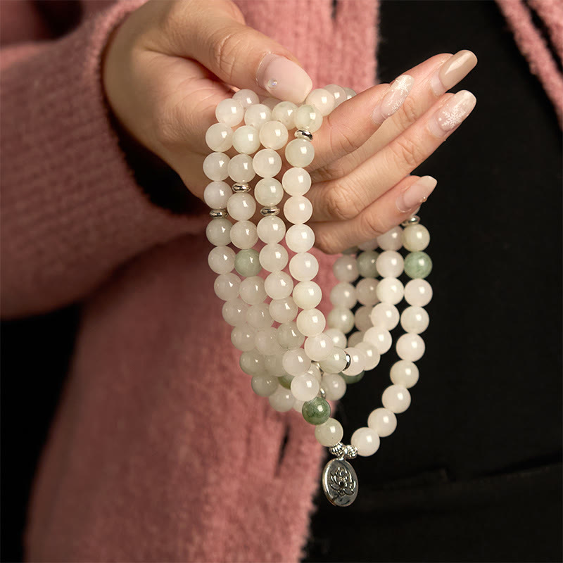 Pulsera de la suerte con 108 cuentas de mala de jade natural Tianshan y loto de Buddha Stones