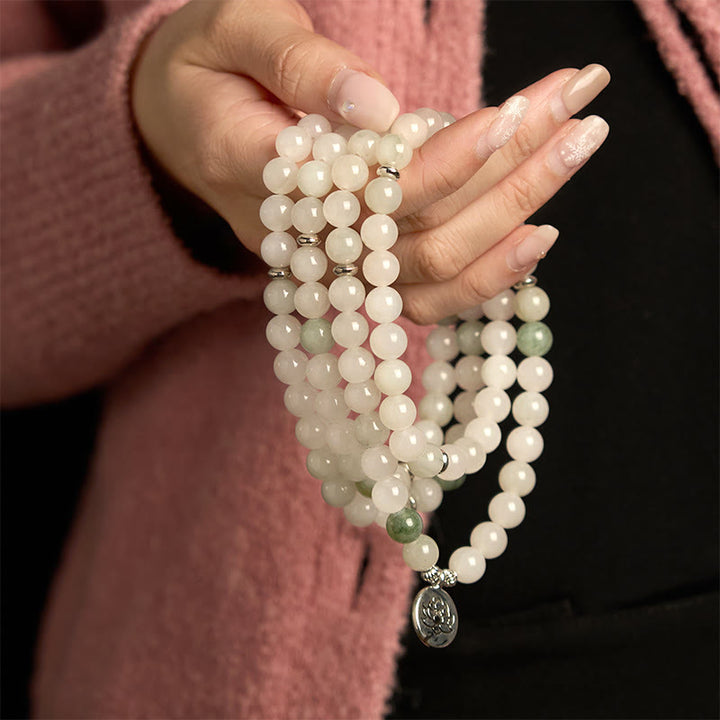 Pulsera de la suerte con 108 cuentas de mala de jade natural Tianshan y loto de Buddha Stones