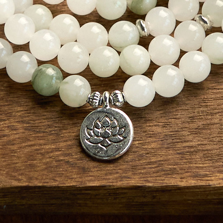 Pulsera de la suerte con 108 cuentas de mala de jade natural Tianshan y loto de Buddha Stones