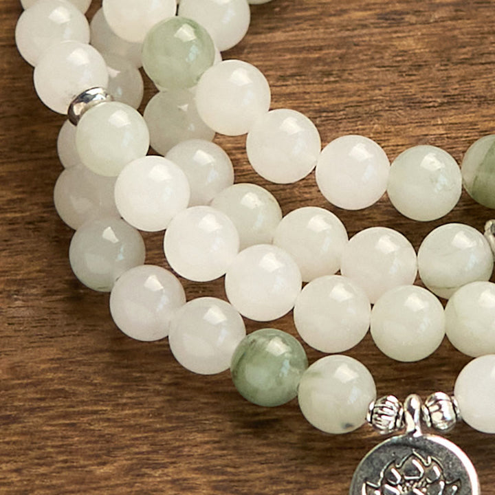 Pulsera de la suerte con 108 cuentas de mala de jade natural Tianshan y loto de Buddha Stones