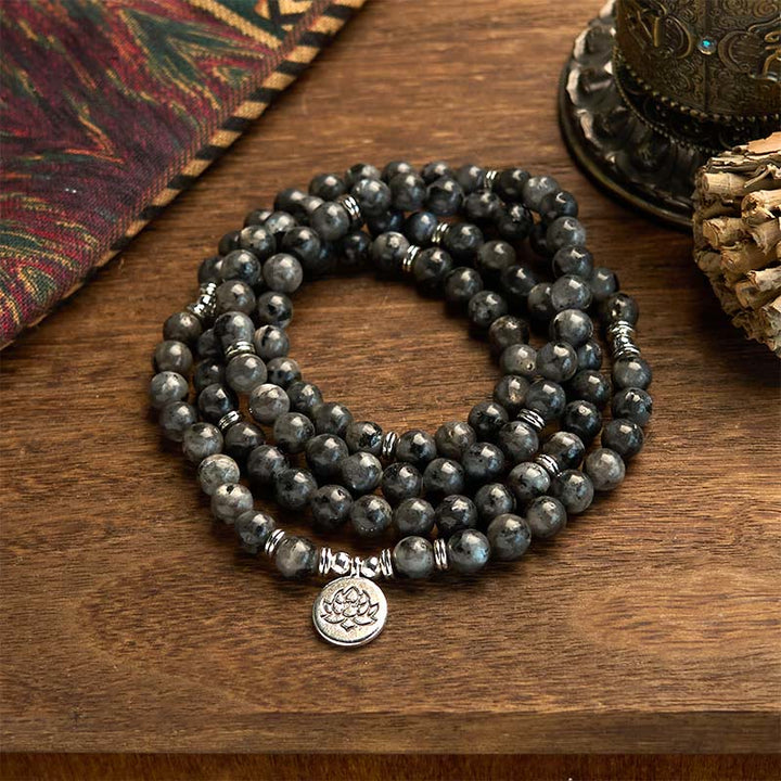 Pulsera de positividad de loto con piedra negra brillante natural multicapa con 108 cuentas de Buddha Stones
