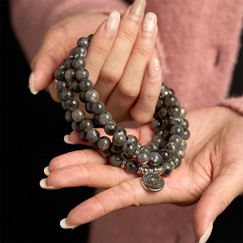 Pulsera de positividad de loto con piedra negra brillante natural multicapa con 108 cuentas de Buddha Stones