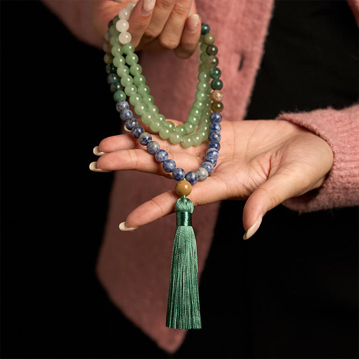 Pulsera de la Buddha Stones de mala, aventurina verde natural, jaspe de manchas azules, ágata india y borla verde
