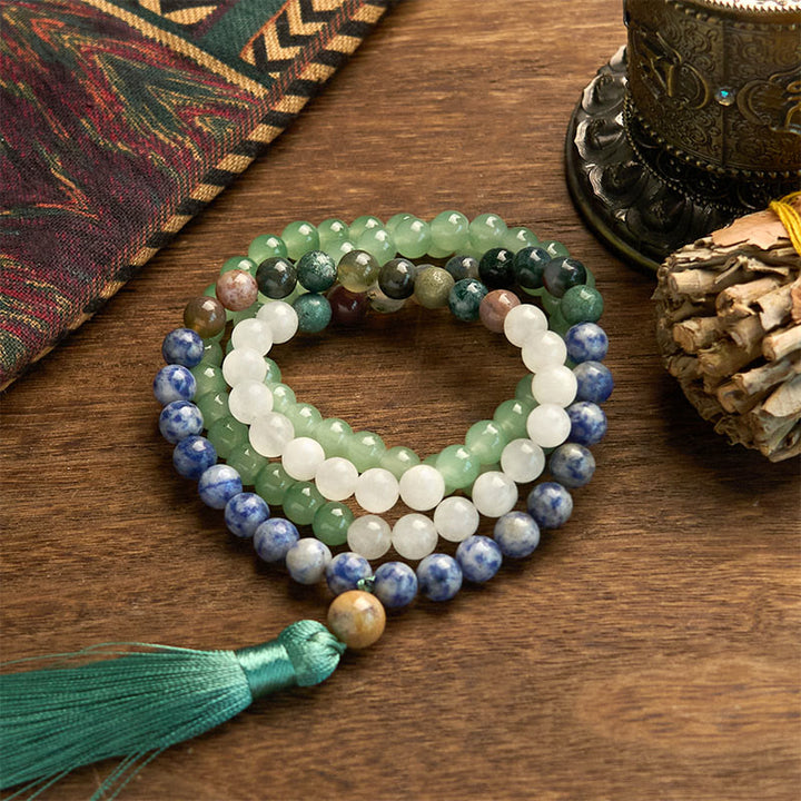 Pulsera de la Buddha Stones de mala, aventurina verde natural, jaspe de manchas azules, ágata india y borla verde