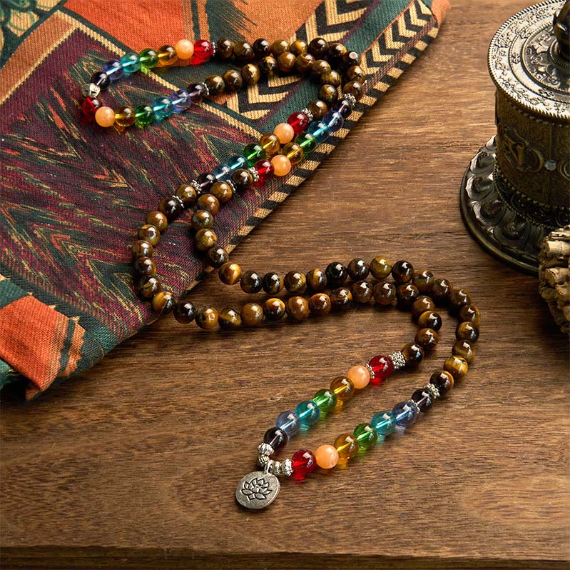 Pulsera de protección de loto con 108 cuentas de piedra natural de Buddha Stones y piedras de color ojo de tigre