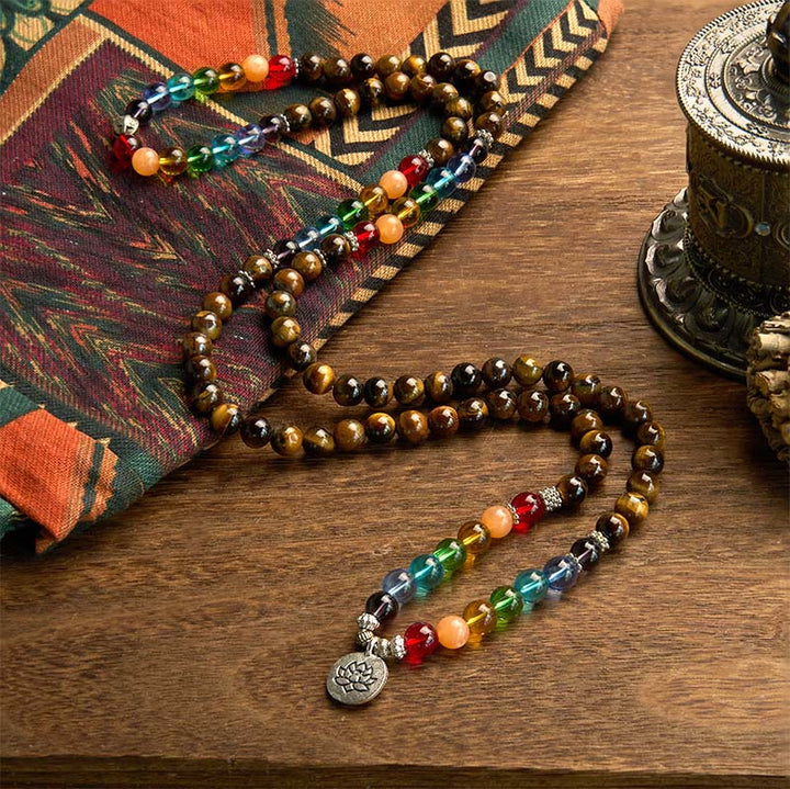 Pulsera de protección de loto con 108 cuentas de piedra natural de Buddha Stones y piedras de color ojo de tigre